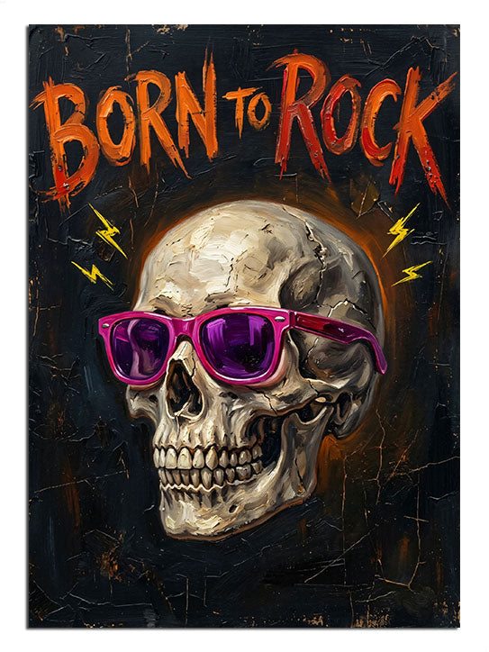 Pembe gözlüklü ve Born To Rock yazılı kafatası posteri tablosu.