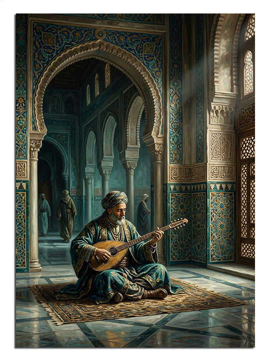 Çini kapılı sarayda saz çalan derviş, tarihi ve mistik Osmanlı tablosu.
