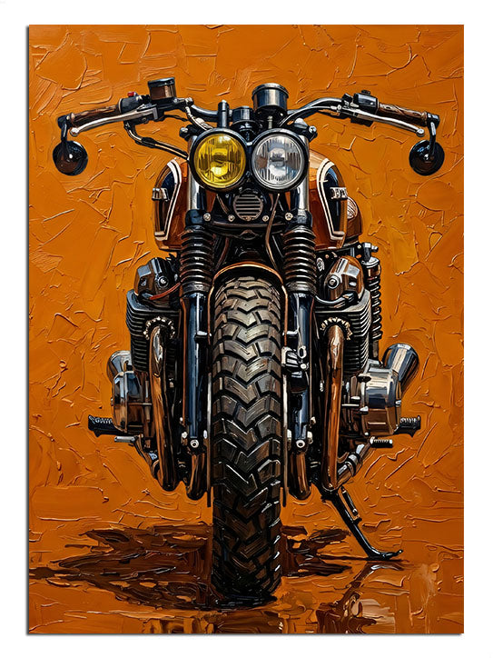 Turuncu dokulu zeminde önden cafe racer motosiklet tablosu.