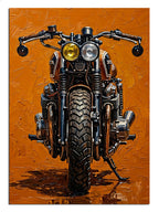 Turuncu dokulu zeminde önden cafe racer motosiklet tablosu.