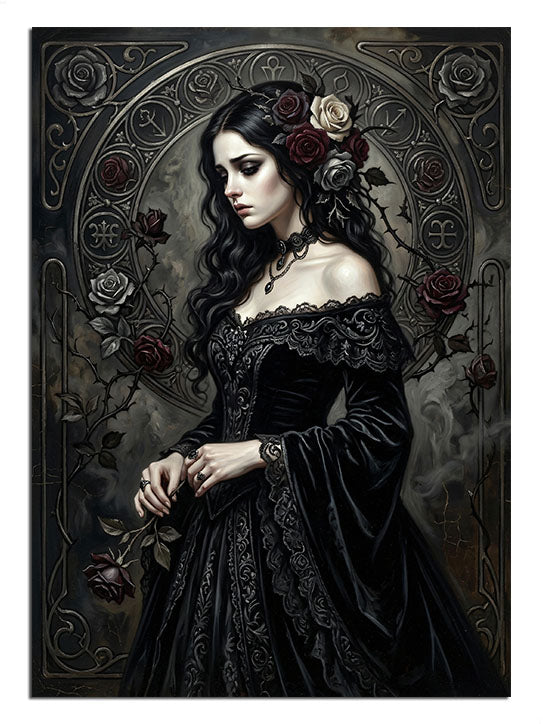 Güllü gotik siyah elbiseli koyu makyajlı kadın portresi tablosu.