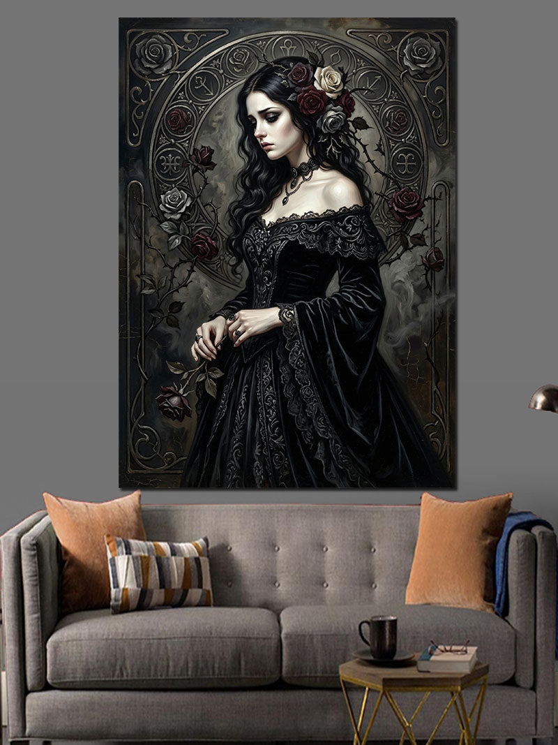 Gotik Koyu Elbiseli Kadın Kanvas Tablo