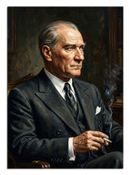 Koltukta puro içen ciddi bakışlı Atatürk portresi tablosu.