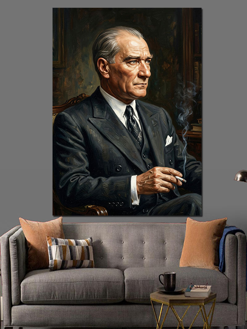 Puro İçen Atatürk Portresi Kanvas Tablo
