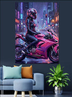 Pembe Spor Motosikletli Kadın Kanvas Tablo