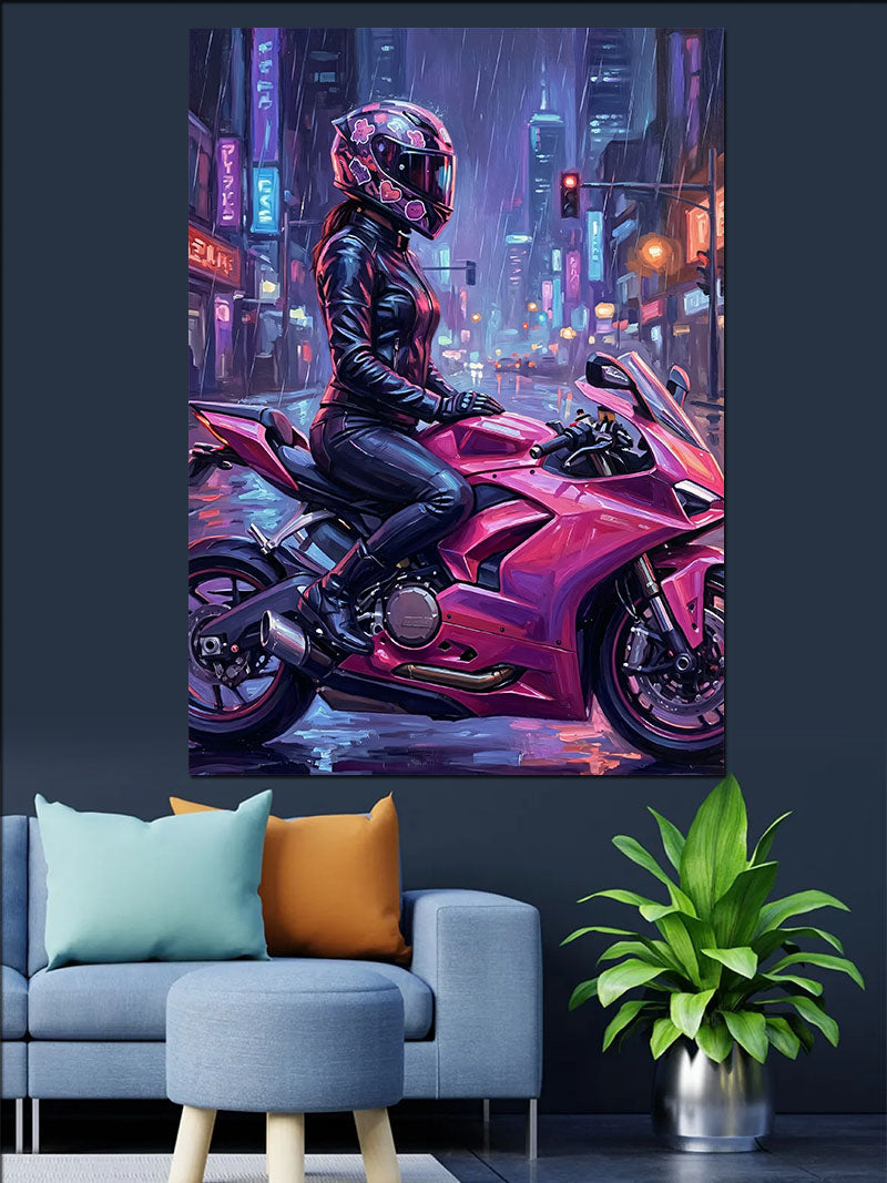 Pembe Spor Motosikletli Kadın Kanvas Tablo
