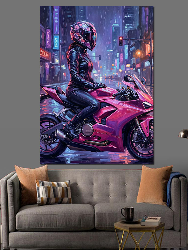 Pembe Spor Motosikletli Kadın Kanvas Tablo