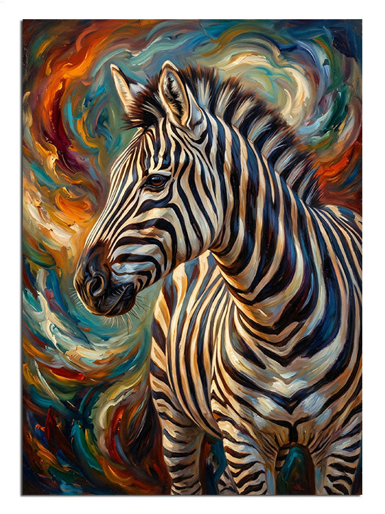 Renkli girdap içinde zebra portresi, modern pop-art hayvan tablosu.