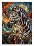 Renkli girdap içinde zebra portresi, modern pop-art hayvan tablosu.