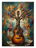 Gövdesi gitar ve dalları çiçekli ağaç, müzik ve doğa tablosu.