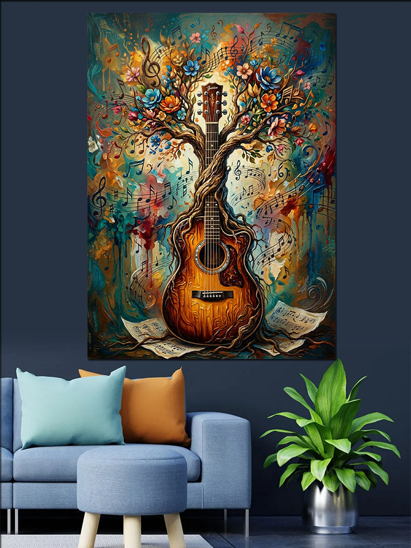 Gitar Ağaçlı Müzik ve Doğa Kanvas Tablo