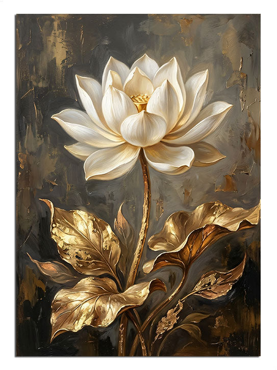 Koyu fonda altın yapraklı beyaz lotus çiçeği, lüks çiçek tablosu.