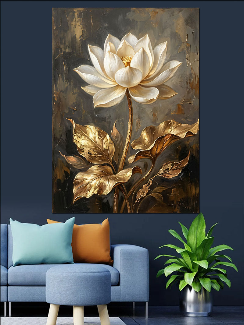 Altın Yapraklı Beyaz Lotus Kanvas Tablo