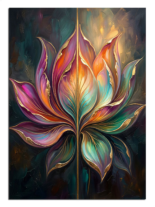 Siyah fonda renkli ve ışıklı lotus çiçeği mandala tablosu.