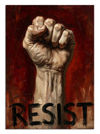 RESIST yazılı yumruk protesto posteri, güçlü ve politik tablo.