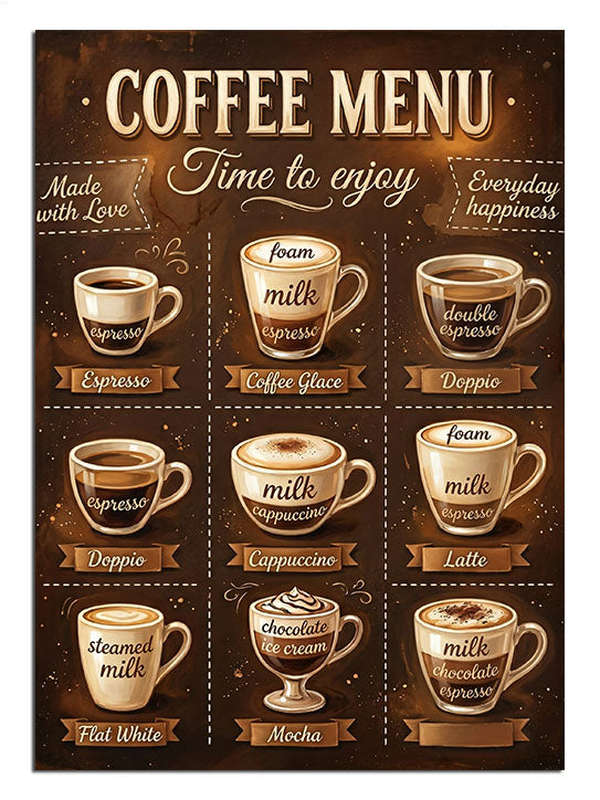 Coffee Menu yazılı kahve çeşitleri vintage kafe menü tabelası.