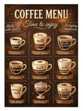Coffee Menu yazılı kahve çeşitleri vintage kafe menü tabelası.