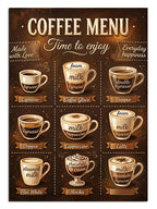 Coffee Menu yazılı kahve çeşitleri vintage kafe menü tabelası.