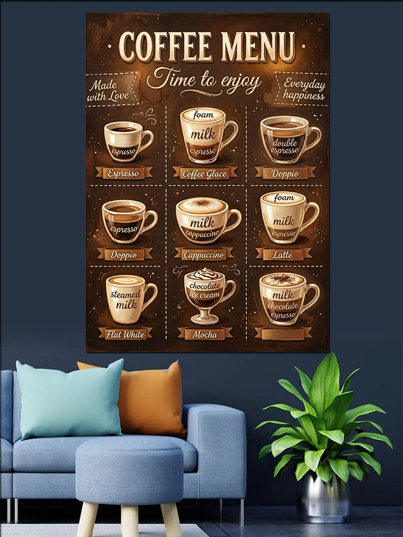 Coffee Menu Kahve Çeşitleri Kanvas Tablo