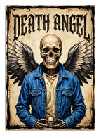 Death Angel yazılı kot ceketli kanatlı iskelet, gotik ve rock tablo.