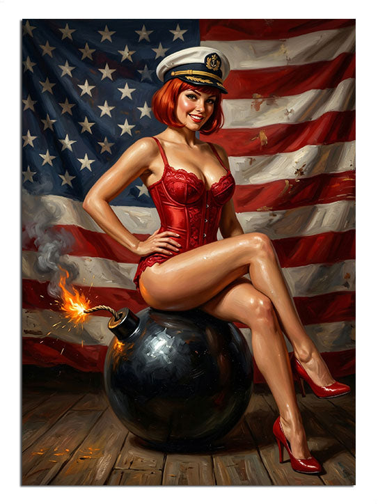 Amerikan bayrağı önünde bomba üzerinde oturan pin-up kadın tablosu.