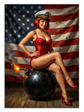 Amerikan bayrağı önünde bomba üzerinde oturan pin-up kadın tablosu.