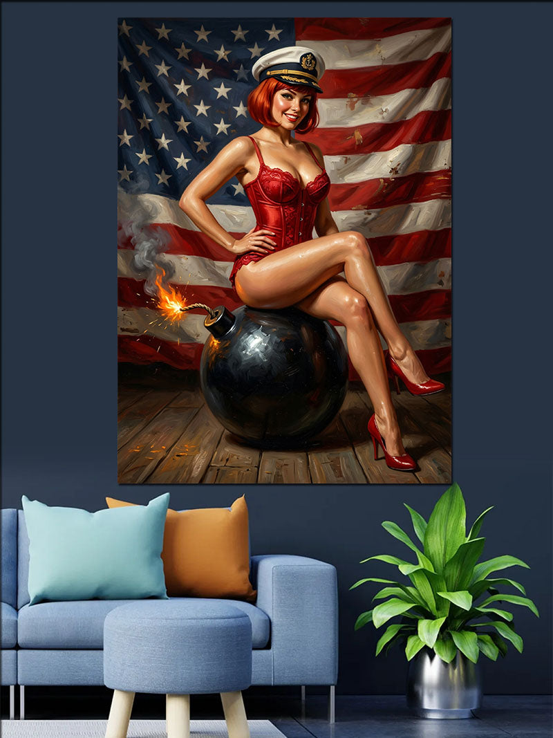 Amerikan Bayraklı Pin-Up Kadın Kanvas Tablo