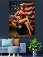 Amerikan Bayraklı Pin-Up Kadın Kanvas Tablo