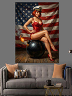 Amerikan Bayraklı Pin-Up Kadın Kanvas Tablo
