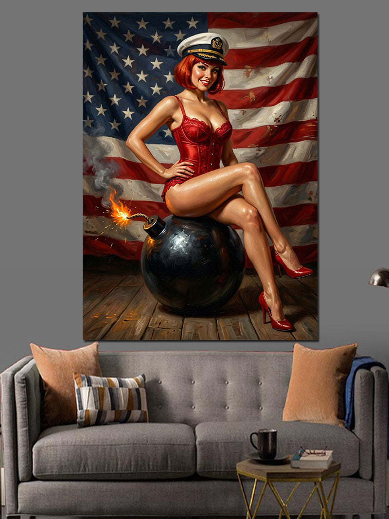 Amerikan Bayraklı Pin-Up Kadın Kanvas Tablo