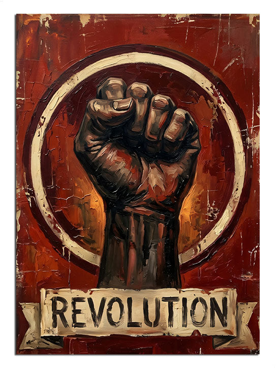 Revolution yazılı yumruk ve alevli daire posteri, direniş tablosu.
