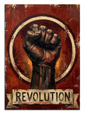 Revolution yazılı yumruk ve alevli daire posteri, direniş tablosu.