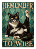 Remember To Wipe yazılı bacak kaldıran kedi, mizahi banyo tabelası.