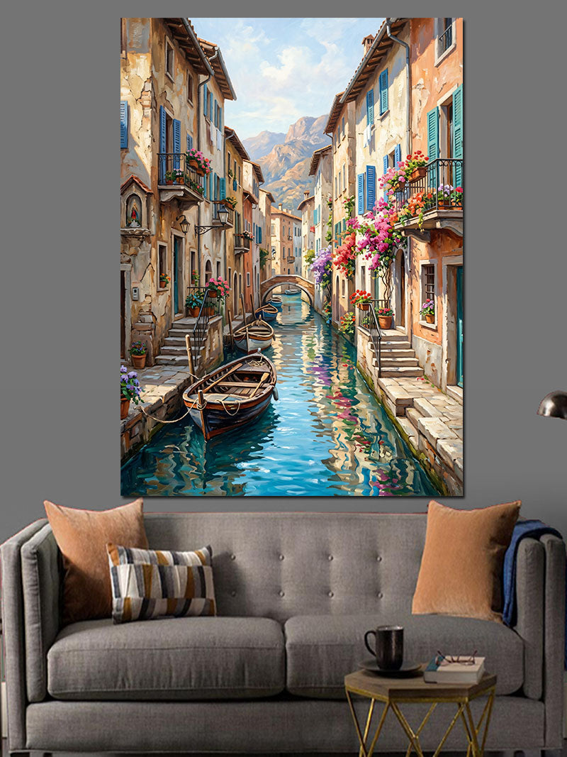 Çiçekli Venedik Kanal Manzarası Kanvas Tablo