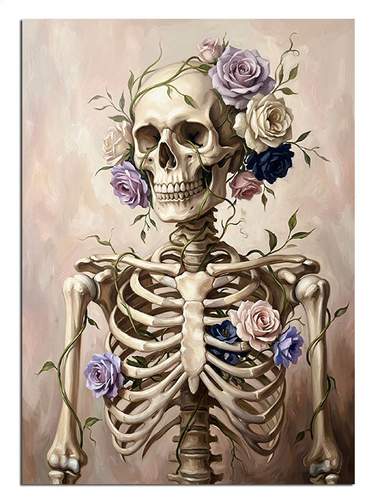 Çiçek taçlı ve güllü iskelet portresi, gotik çiçekli skull tablosu.