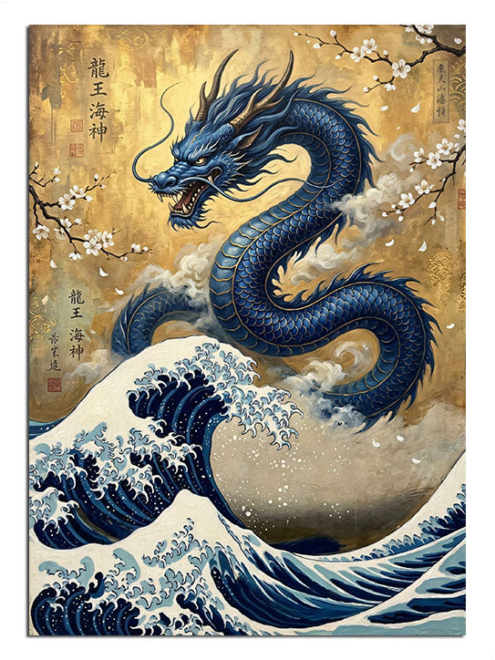 Japon dalgası üzerinde süzülen mavi ejderha, Hokusai tarzı ejderha tablosu.