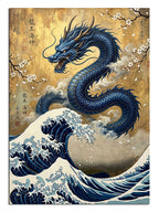 Japon dalgası üzerinde süzülen mavi ejderha, Hokusai tarzı ejderha tablosu.