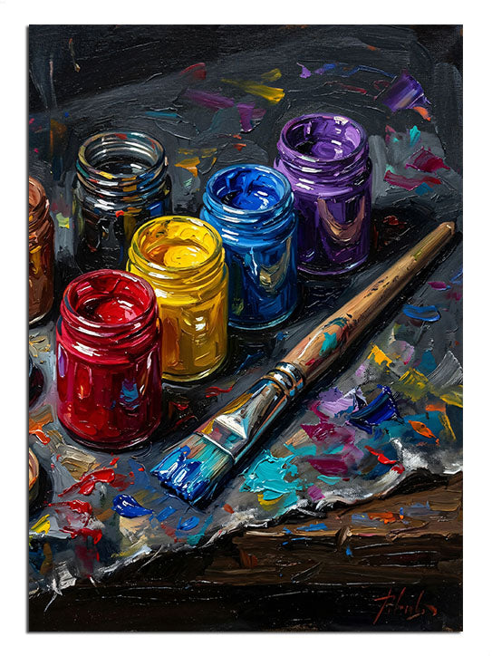 Boya kutuları ve boya paletinde fırça, ressam ve sanat tablosu.