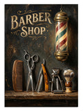 Barber Shop yazılı makas, tarak ve berber direği vintage tabelası.