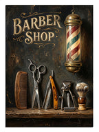 Barber Shop yazılı makas, tarak ve berber direği vintage tabelası.
