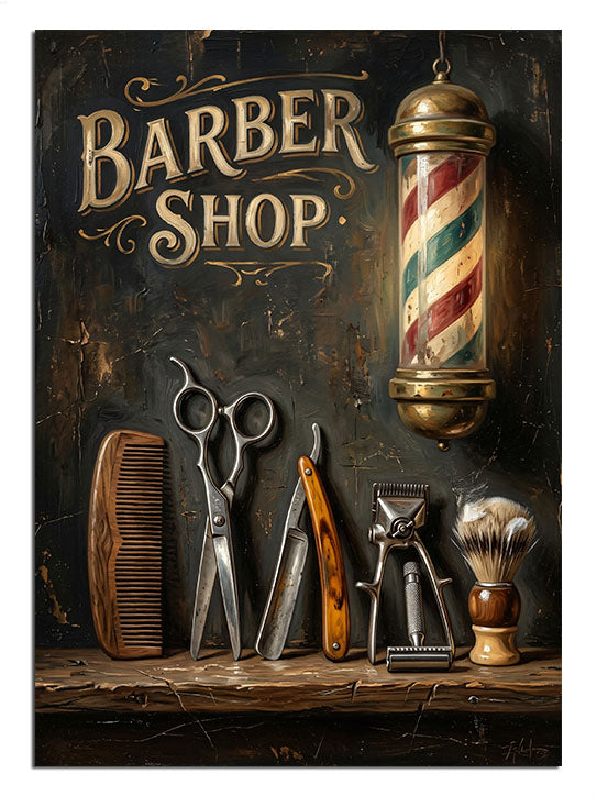 Barber Shop yazılı makas, tarak ve berber direği vintage tabelası.