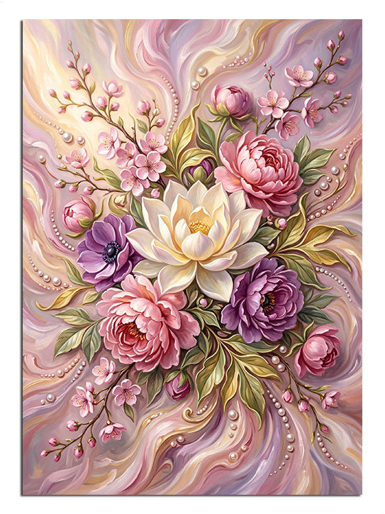 Pembe zemin üzerinde lotus ve şakayık çiçekleri buketi tablosu.