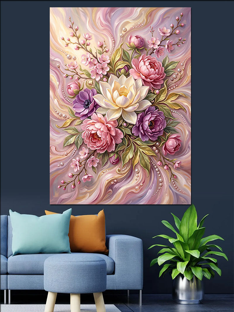 Pembe Beyaz Lotus ve Şakayık Kanvas Tablo