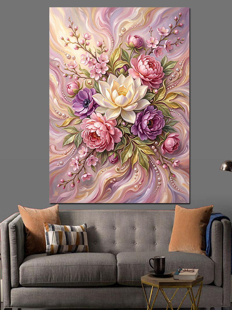 Pembe Beyaz Lotus ve Şakayık Kanvas Tablo