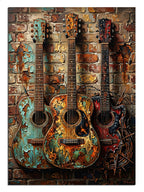 Tuğla duvarda asılı üç eskimiş akustik gitar tablosu.