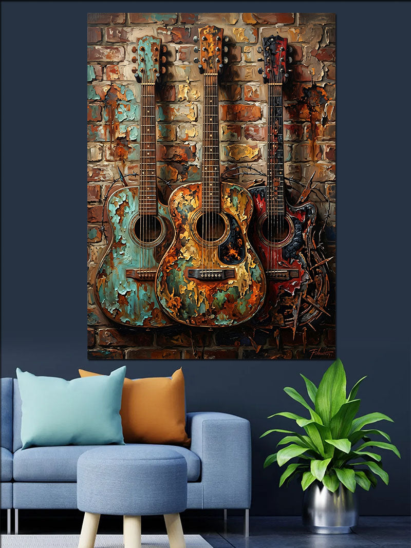 Duvara Asılı Eskimiş Gitarlar Kanvas Tablo