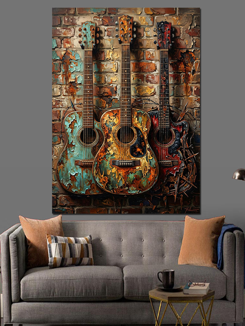 Duvara Asılı Eskimiş Gitarlar Kanvas Tablo