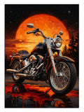 Turuncu gün batımı önünde chopper motosiklet manzarası tablosu.