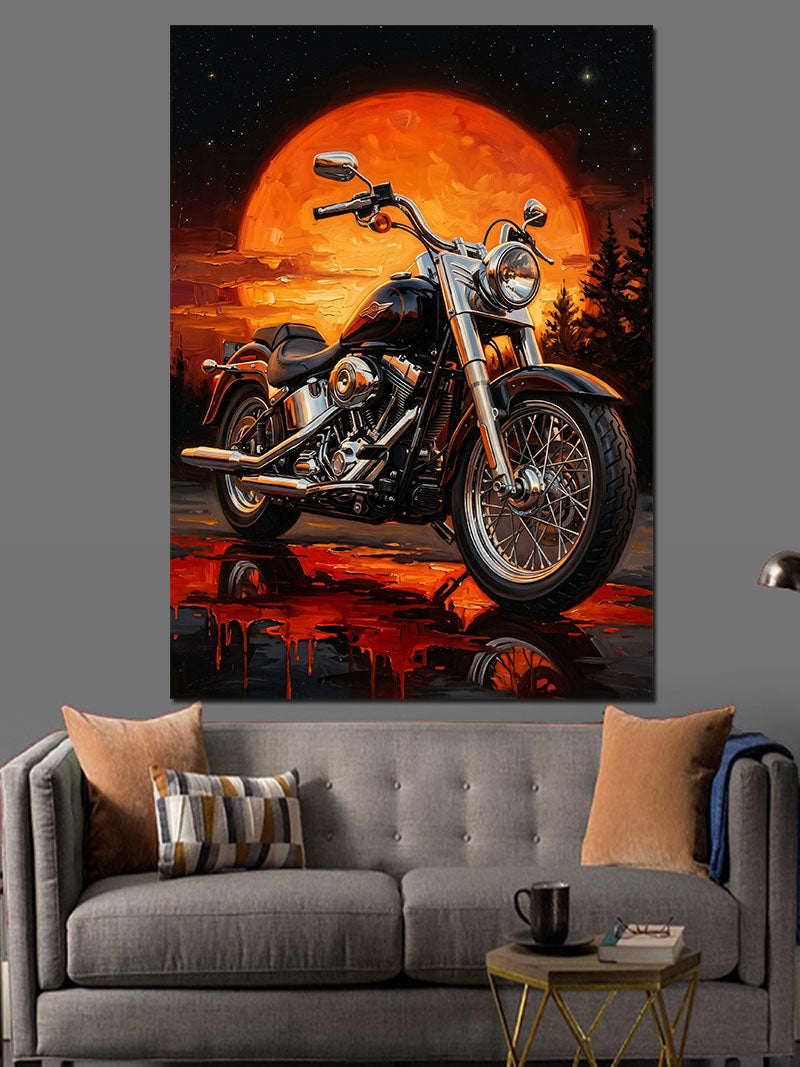 Gün Batımında Motosiklet Chopper Kanvas Tablo