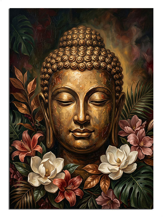 Çiçeklerle çevrili altın Buda başı heykeli, huzur ve meditasyon tablosu.